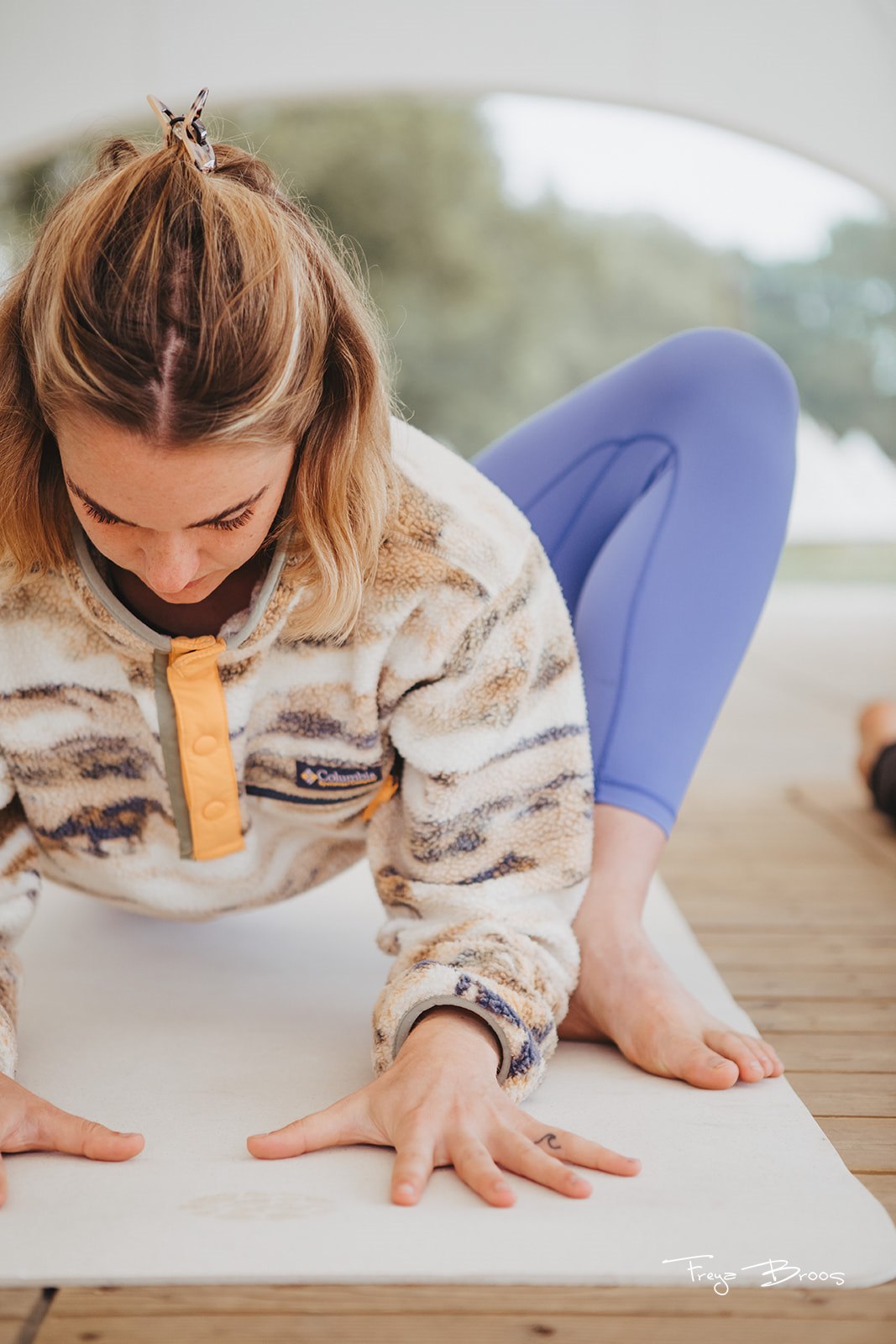 Woman Lunge Cream Yoga Mat Outdoor Deck