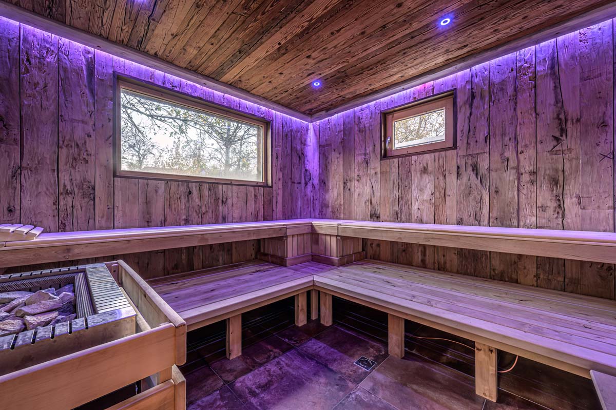 Modern Wooden Sauna Interior With Purple Lighting