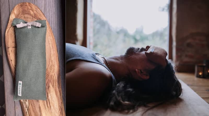 Pierre linen eye pillows in green and rust, shown on a wooden board, on a bolster and over a person's eyes during relaxation