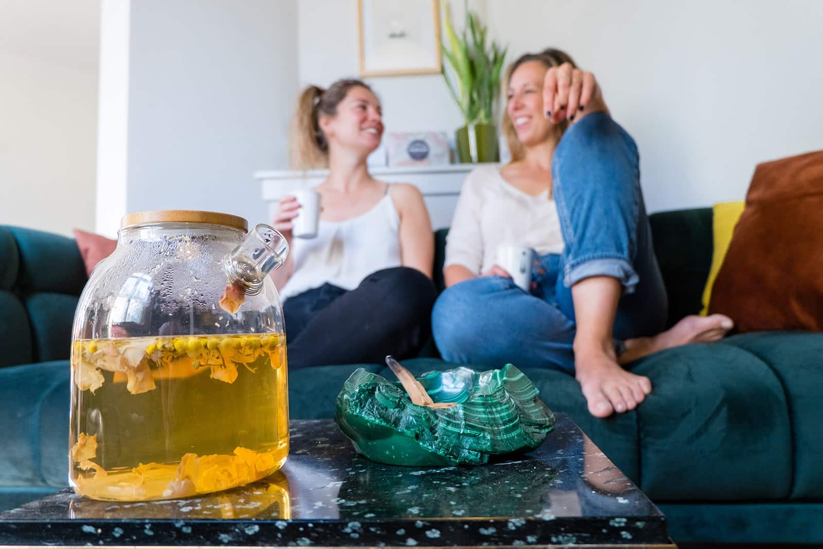 Two Women Drinking Herbal Tea At Home