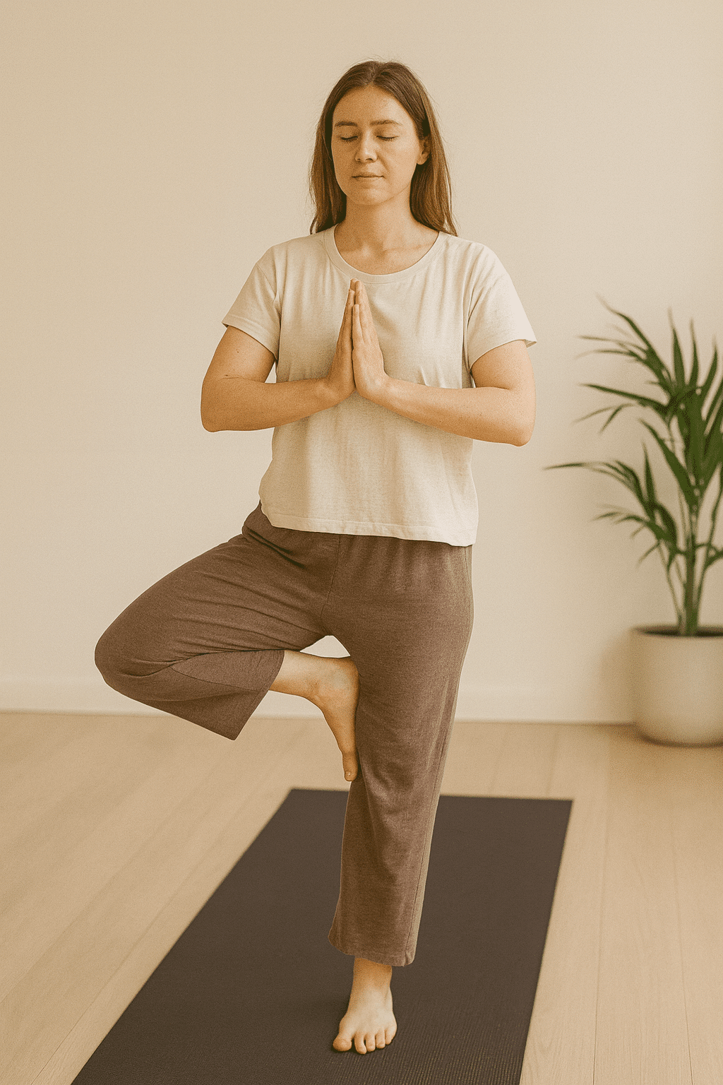 Woman Practicing Tree Pose On Yoga Mat