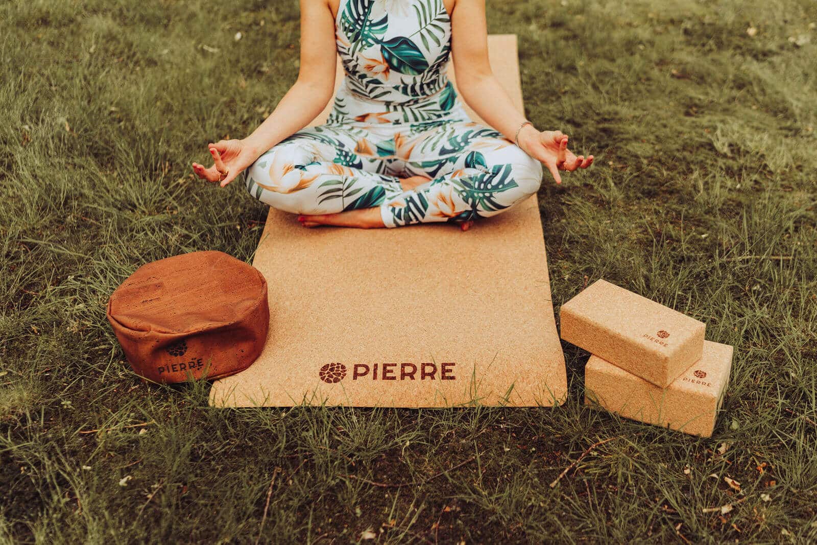 Woman Meditating on PIERRE Cork Yoga Set