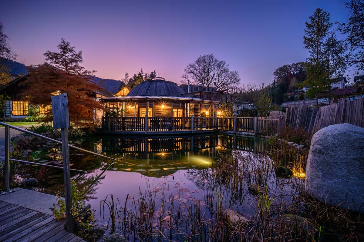 Wooden Dome Studio Over Pond At Dusk